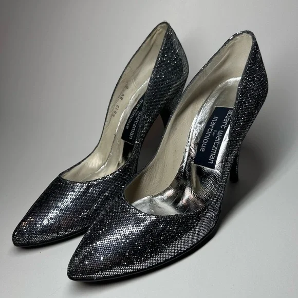 Stuart Weitzman Heels Pointed Toe Pumps Sparkle Glitter Bridal Glam Leather 8.5B - Picture 2 of 12